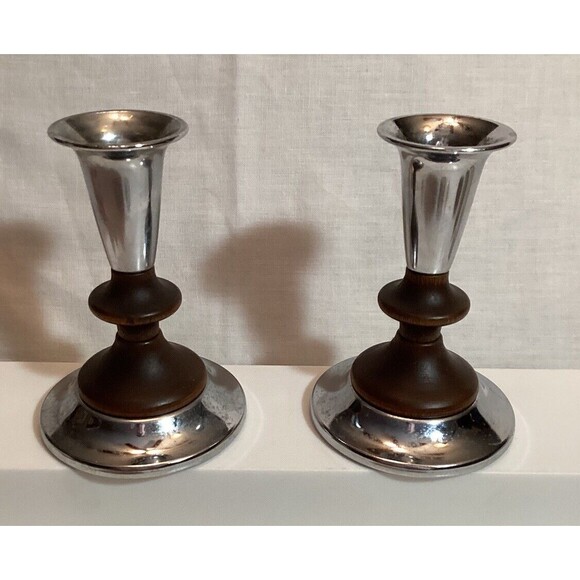 Kromex Teakwood & Metal Taper Candlestick Holders 4.5" MCM USA Vintage - Picture 2 of 14